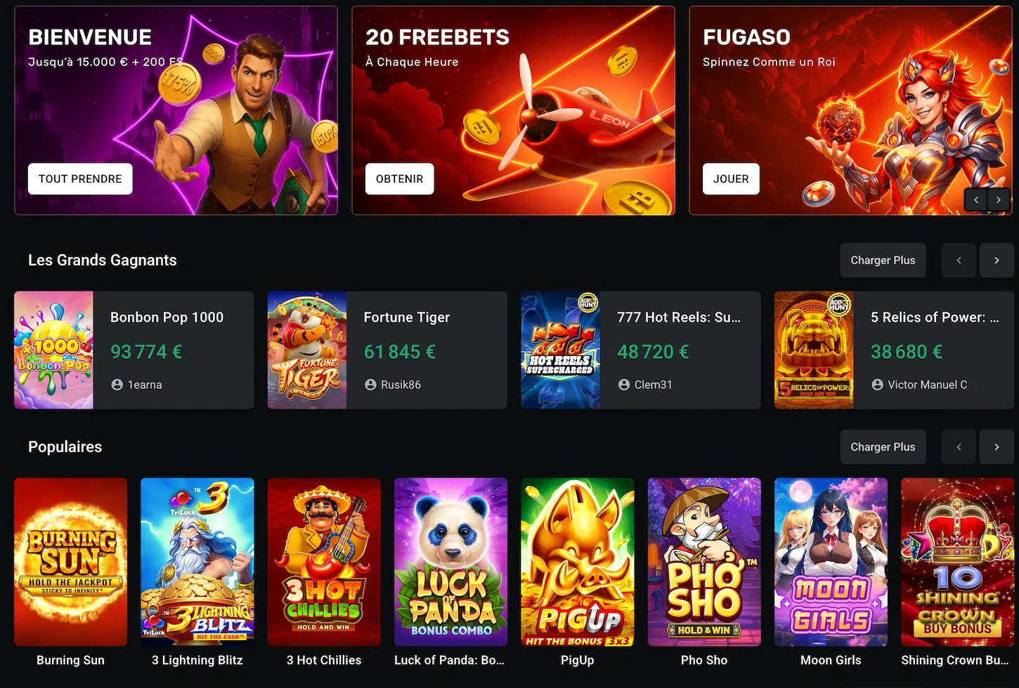 Machines à sous Leon Casino — Les Grands Gagnants et slots populaires: Burning Sun, Fortune Tiger, Luck of Panda