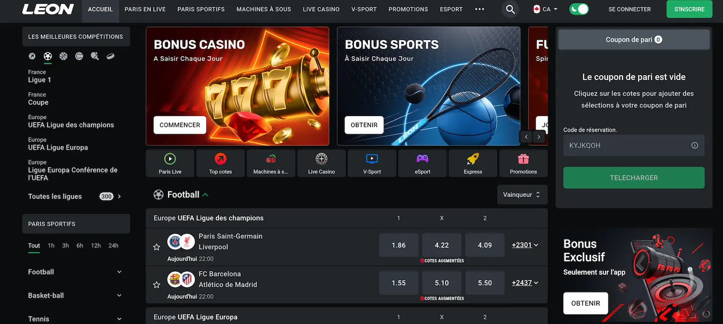 Interface de Leon Casino avec paris sportifs en direct, bonus casino et coupon de pari